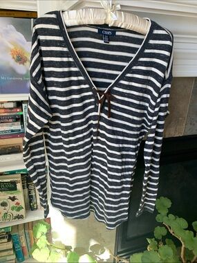 Chaps Black & White Striped Long-Sleeve Tie-Front Top